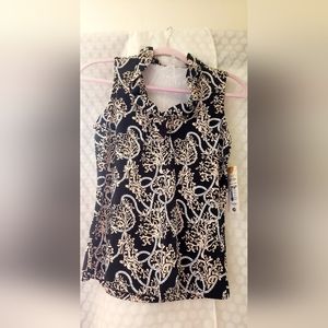 NWT Lulu-B Sleeveless V Neck Collar Black/White Print Top UPF50+ Classic